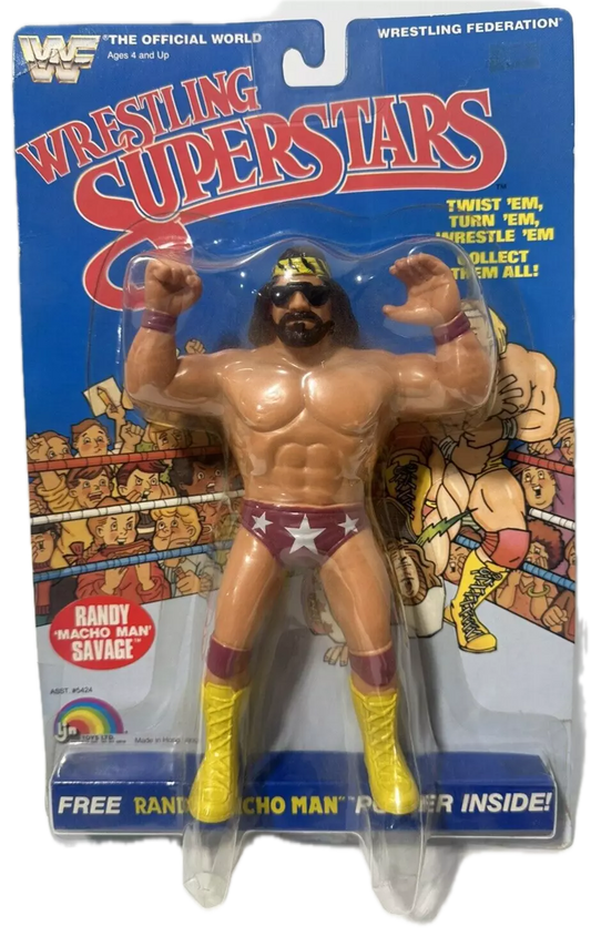 1986 WWF LJN Wrestling Superstars Series 3 Randy "Macho Man" Savage [With Purple Trunks, 22-Back Card]