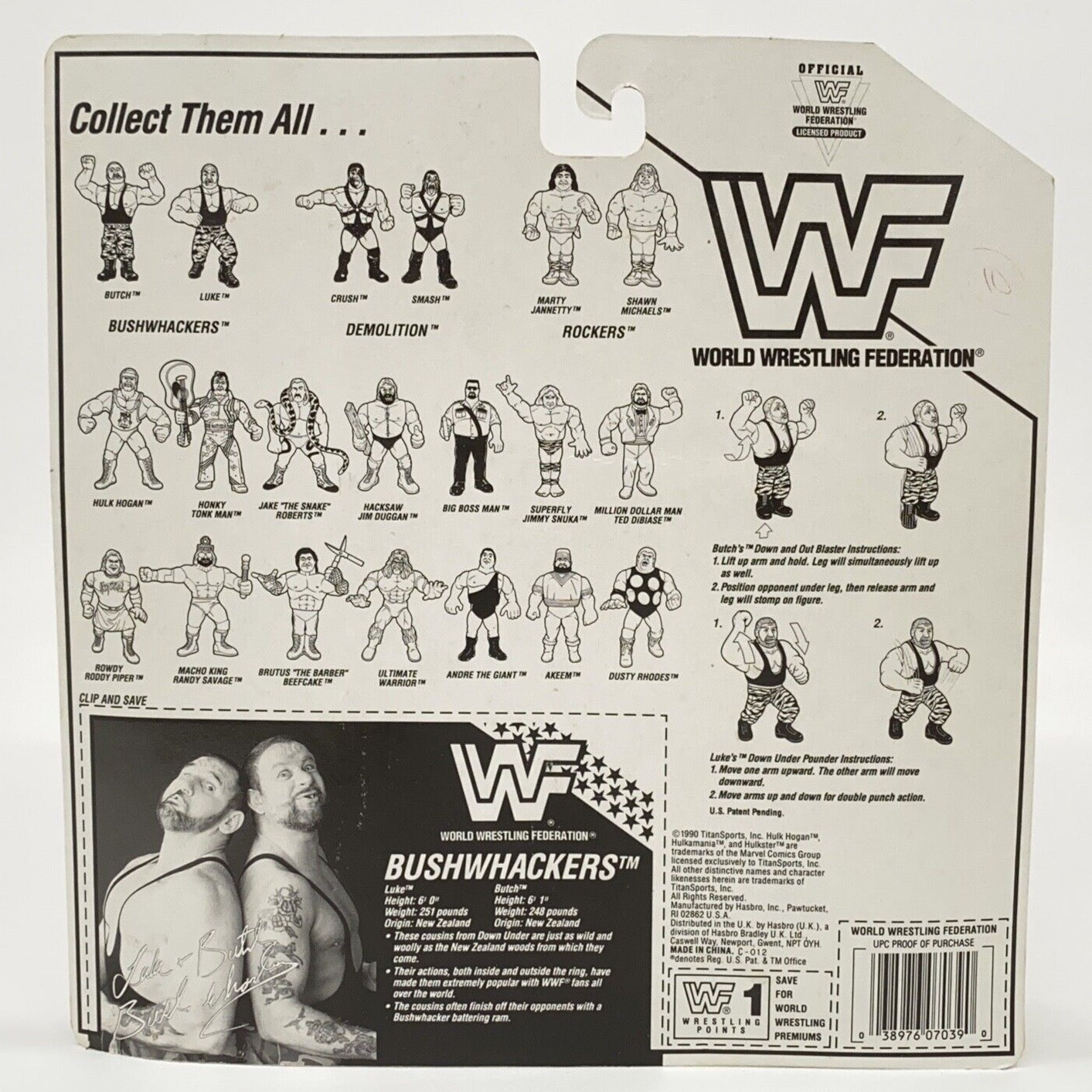 1991 WWF Hasbro Series 2 Bushwhackers: Butch with Down and Out Blaster! & Luke with Down Under Pounder!