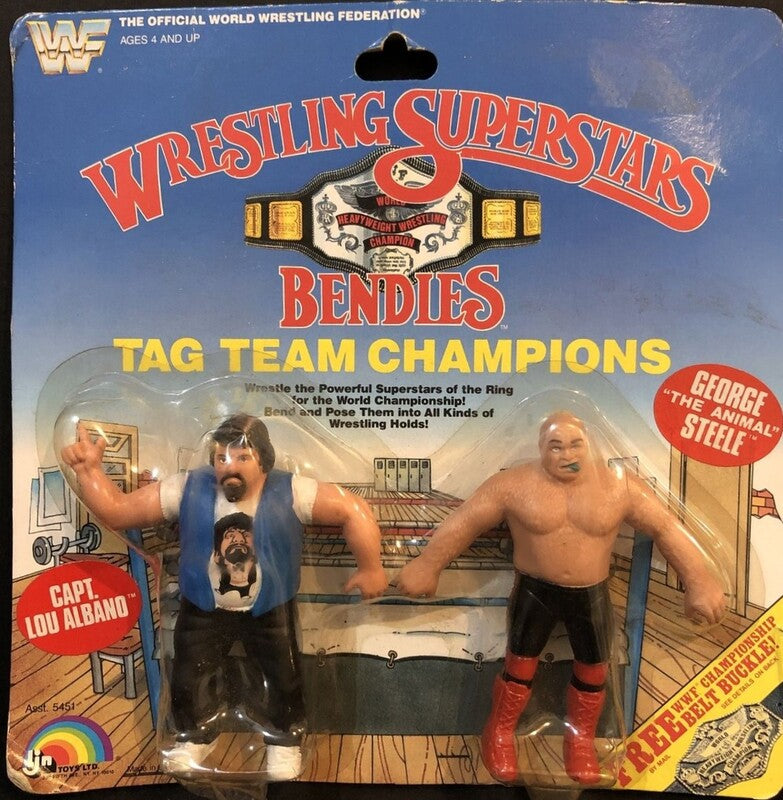 1986 WWF LJN Wrestling Superstars Bendies Tag Team Champions: Capt. Lou Albano & George "The Animal" Steele