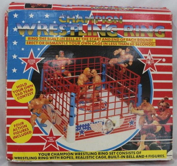 1992 PMS Bootleg/Knockoff Champion Wrestling Ring with Cage, Bell & Four Figures