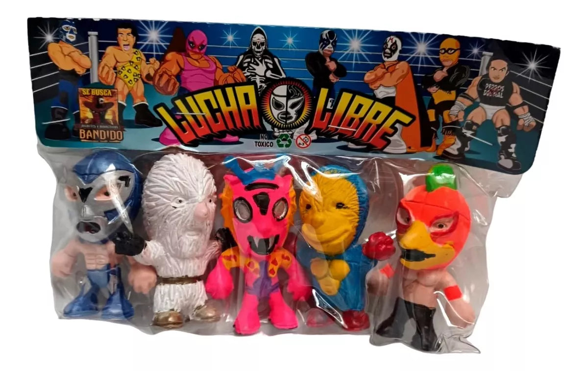 Bandido Juguetes y Didácticos Lucha Libre Bootleg/Knockoff Cabezones: Microman, Alushe, Cuije, Kemonito & Zacarías el Perico