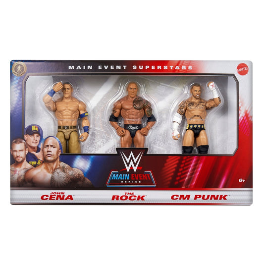 2025 WWE Mattel Main Event Superstars 3-Pack: John Cena, The Rock & CM Punk