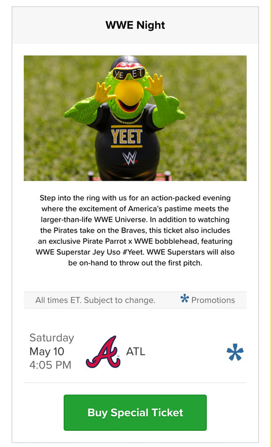 2025 Pittsburgh Pirates Pirate Parrot "Yeet" WWE Bobblehead