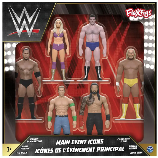 2024 WWE TCG Toys FleXfigs Main Event Icons: Charlotte Flair, Bruno Sammartino, The Rock, John Cena, Roman Reigns & Hulk Hogan