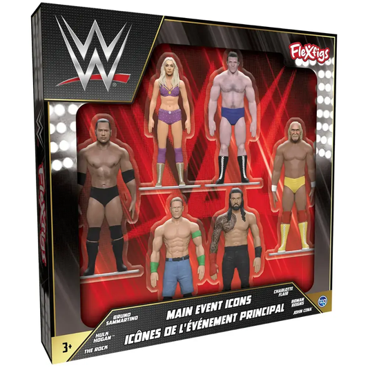 2024 WWE TCG Toys FleXfigs Main Event Icons: Charlotte Flair, Bruno Sammartino, The Rock, John Cena, Roman Reigns & Hulk Hogan