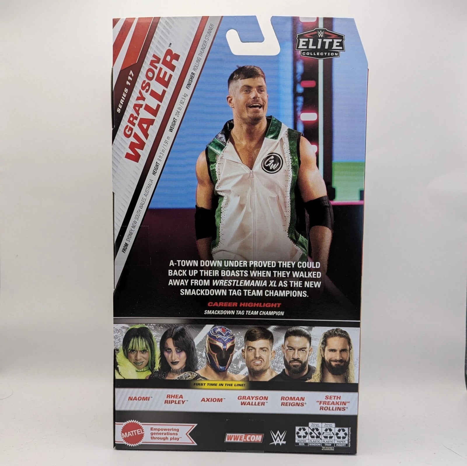 Mattel WWE Elite - Figura de acción y accesorios, serie #107 Grayson Waller de 6 pulgadas coleccionable con 25 puntos de articulación y manos intercambiables