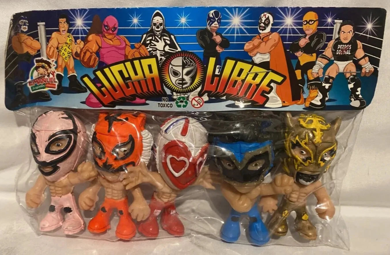 Emanuel Juguetes 2.5" Lucha Libre Cabezones: Gallo Tapado, El Felino, Love Machine, Mr. Niebla & Puma King