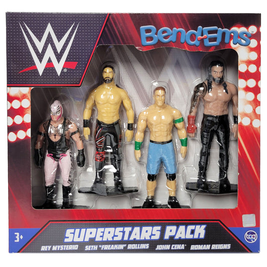 2023 WWE TCG Toys Bend-Ems Superstars Pack: Rey Mysterio, Seth "Freakin" Rollins, John Cena & Roman Reigns