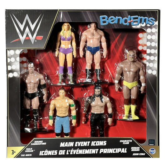2023 WWE TCG Toys Bend-Ems Main Event Icons: Charlotte Flair, Bruno Sammartino, The Rock, John Cena, Roman Reigns & Hulk Hogan