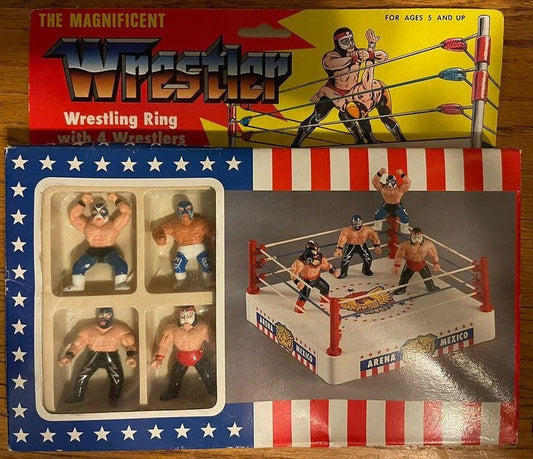 1993 The Magnificent Wrestler Mini Wrestling Ring with 4 Wrestlers: Atlantis, Blue Panther, Rayo de Jalisco & Octagon