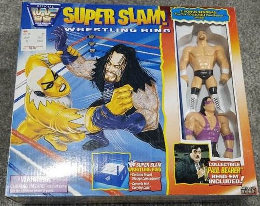 1996 WWF Just Toys Bend-Ems Super Slam! Wrestling Ring: With Paul Bearer, Bret "Hitman" Hart [In Purple Gear] & Steve Austin
