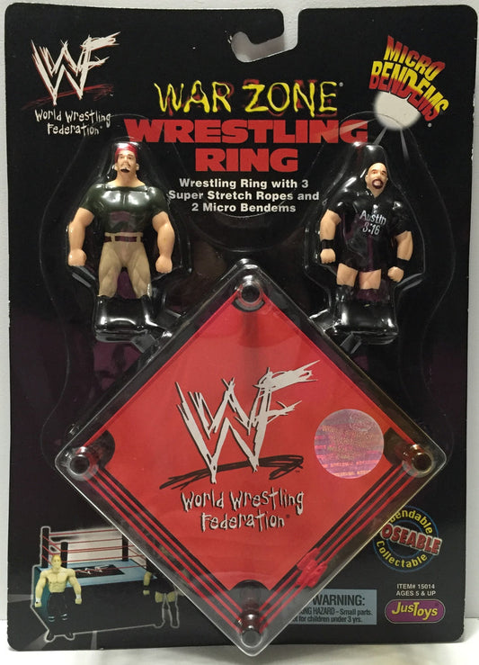 1998 WWF Just Toys Micro Bend-Ems War Zone Wrestling Ring The Interrogator & Stone Cold Steve Austin