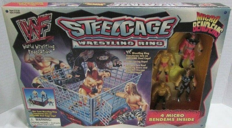 1998 WWF Just Toys Micro Bend-Ems Steel Cage Wrestling Ring [With Kane, Ken Shamrock, Hunter Hearst Helmsley & Undertaker]