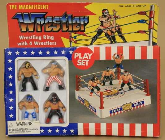 1993 The Magnificent Wrestler Mini Wrestling Ring with 4 Wrestlers: Pierroth, Konnan, Blue Panther & Ultimo Dragon