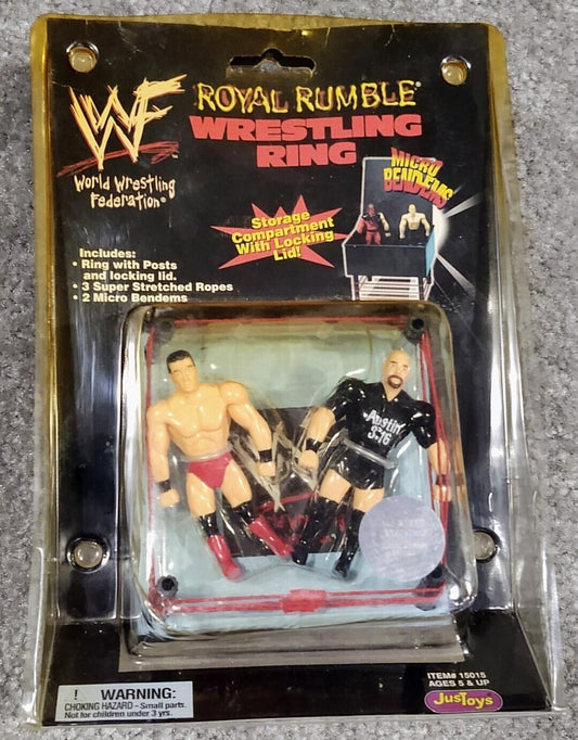 1998 WWF Just Toys Micro Bend-Ems Royal Rumble Wrestling Ring Ken Shamrock & Stone Cold Steve Austin