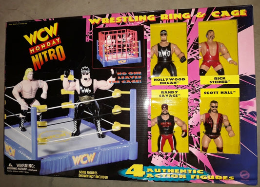 1998 WCW OSFTM 4.5" Articulated Wrestling Ring & Cage [With Hollywood Hogan, Rick Steiner, Randy Savage & Scott Hall]