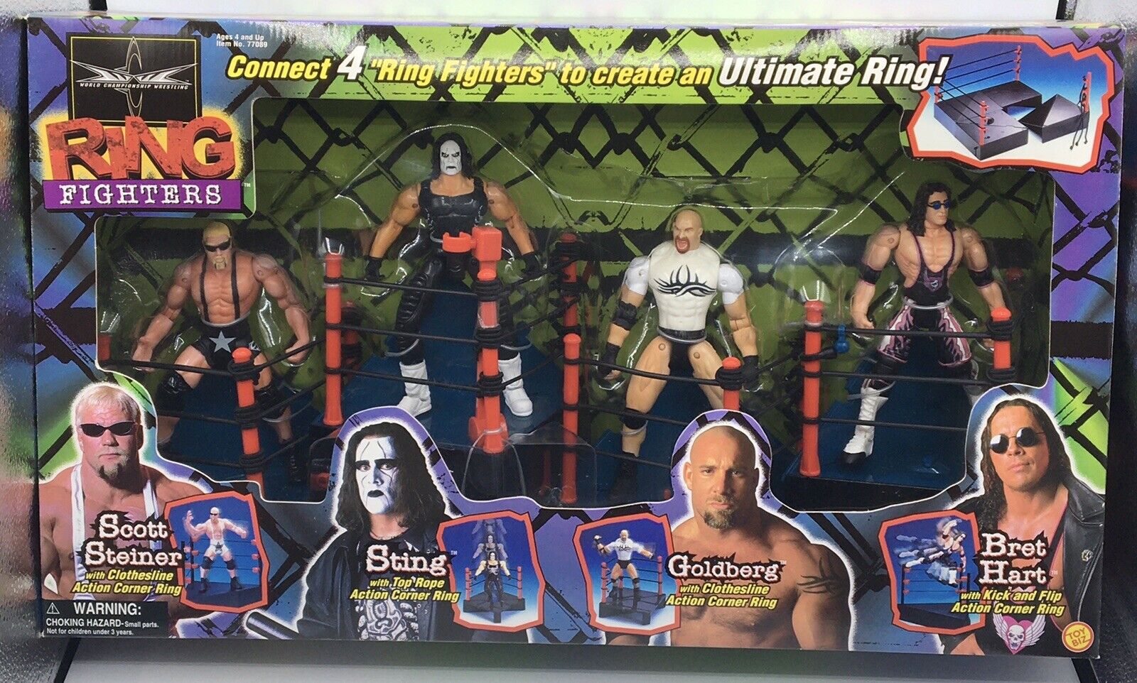 1999 WCW Toy Biz Ring Fighters Scott Steiner, Sting, Goldberg & Bret H ...