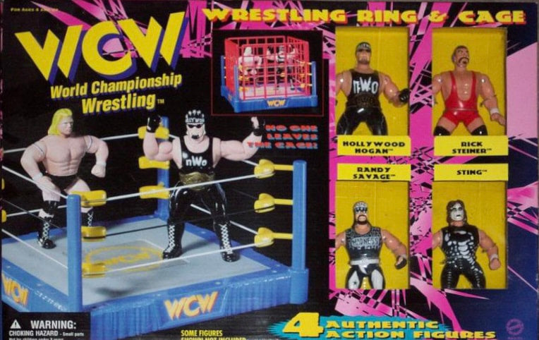 1998 WCW OSFTM 4.5" Articulated Wrestling Ring & Cage [With Hollywood Hogan, Rick Steiner, Randy Savage & Sting]