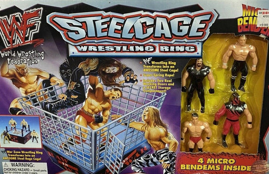 1998 WWF Just Toys Micro Bend-Ems Steel Cage Wrestling Ring [With Hunter Hearst Helmsley, Undertaker, Ken Shamrock & Kane]