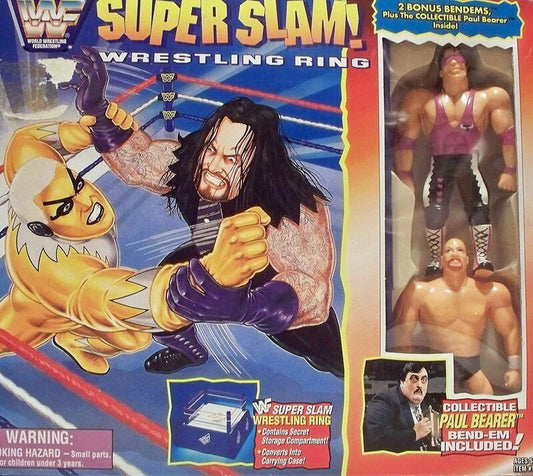 1996 WWF Just Toys Bend-Ems Super Slam! Wrestling Ring: With Paul Bearer, Bret "Hitman" Hart [In Pink Gear] & Steve Austin