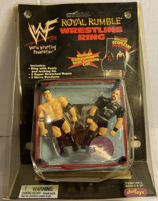1998 WWF Just Toys Micro Bend-Ems Royal Rumble Wrestling Ring The Rock & Stone Cold Steve Austin